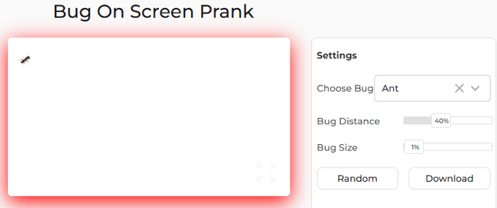 Bug on Screen Prank Tool Settings Panel
