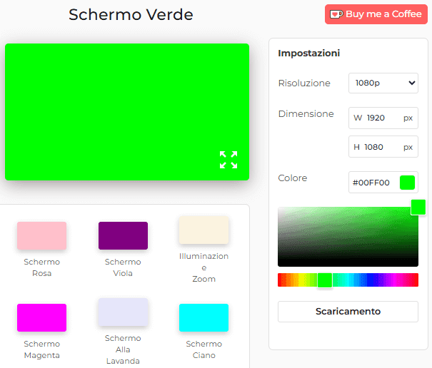 Pannello delle impostazioni dello strumento Schermo verde