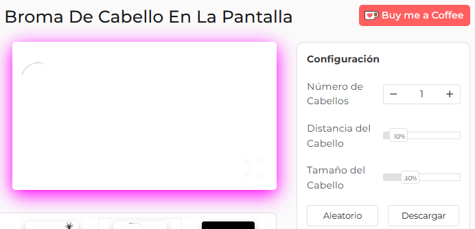 Panel de configuración de la herramienta de broma "Cabello en la pantalla"