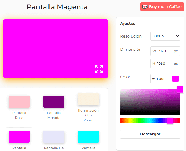 Panel de configuración de pantalla magenta
