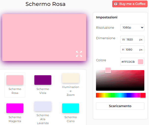 Pannello delle impostazioni dello strumento Schermo rosa