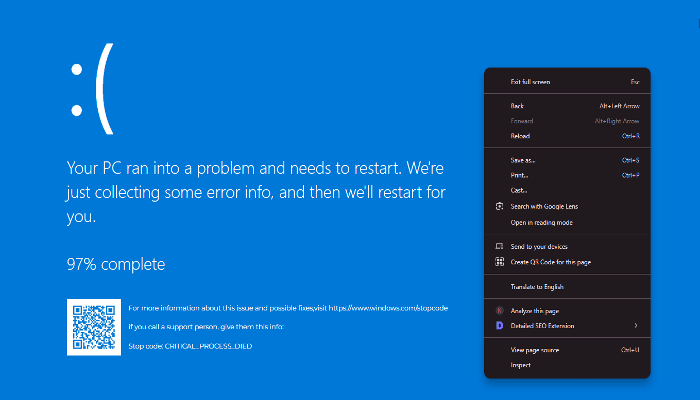 Right Click to Check for Browser Menu and Detect Fake Blue Screen of Death 10