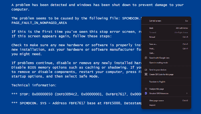 Right Click to Check for Browser Menu and Detect Fake Blue Screen of Death XP