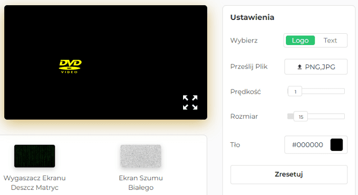 Panel ustawień naszego wygaszacza ekranu DVD