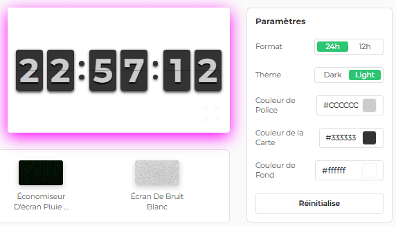 Panneau de configuration de notre économiseur d'écran Flip Clock