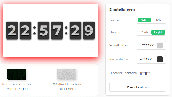 Einstellungsfeld unseres Flip Clock-Bildschirmschoners