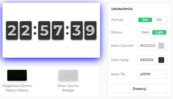 Panel ustawień naszego wygaszacza ekranu Flip Clock