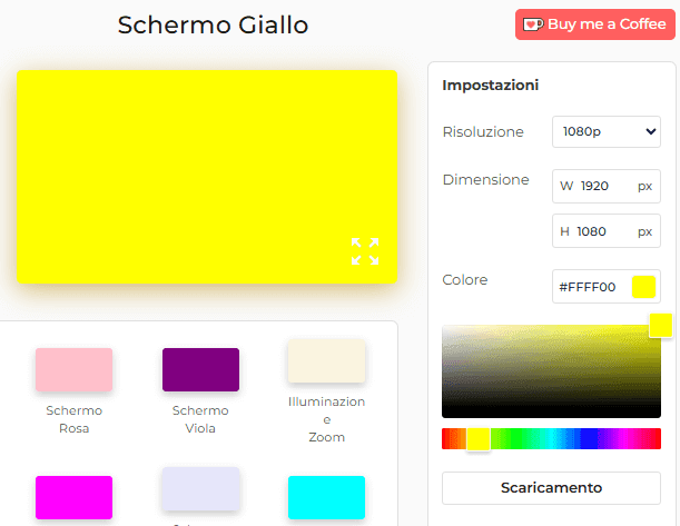 Pannello delle impostazioni dello schermo giallo