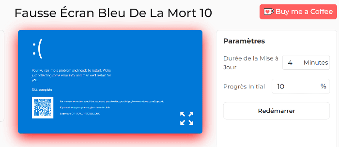 Panneau de configuration du faux écran bleu de la mort 10