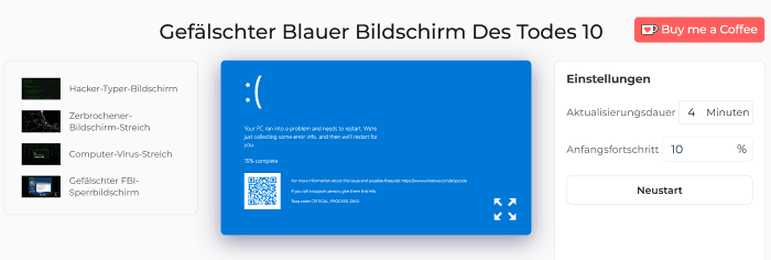 Gefälschter Bluescreen des Todes 10 Einstellungsfeld