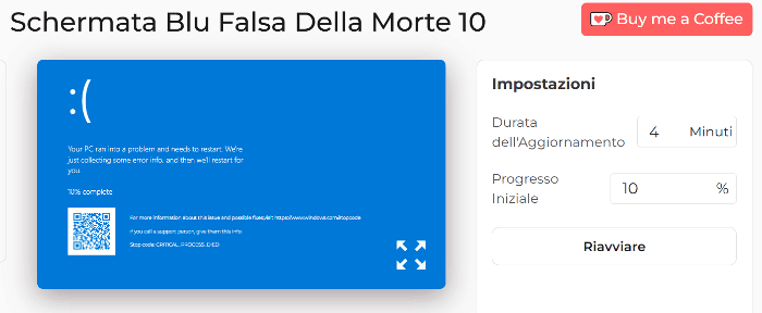 Pannello delle impostazioni della schermata blu della morte falsa 10
