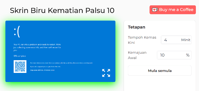 Panel Tetapan 10 Skrin Biru Kematian Palsu
