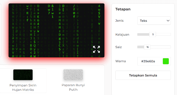 Panel Tetapan Matrix Rain Screensaver