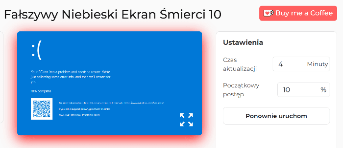 Fałszywy niebieski ekran śmierci 10 Panel ustawień