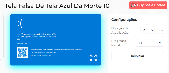 Painel de configurações da falsa tela azul da morte 10