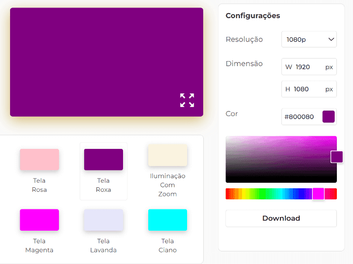 Painel de configurações de tela roxa