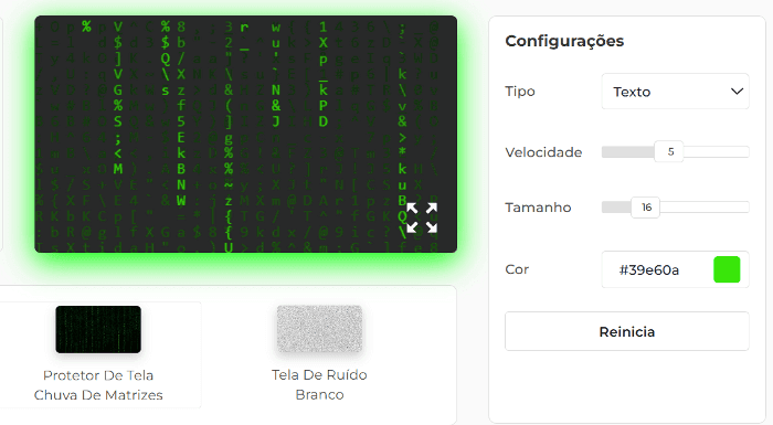 Painel de configurações do protetor de tela Matrix Rain
