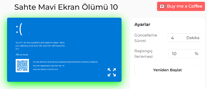 Sahte Mavi Ekran Ölüm 10 Ayarlar Paneli